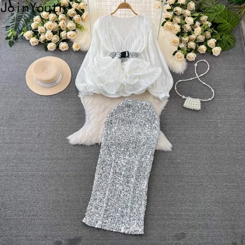 Ensemble 2 pièces pour femmes, manches lanternes, col en v, hauts à volants, taille haute, jupe moulante à paillettes, tenues de tempérament, costume coréen