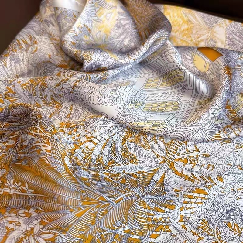 Écharpe en soie de luxe pour femmes à imprimé floral, élégant grand foulard femme, motif de feuilles tropicales et de fleurs, mouchoirs pour femmes XSSJJ03