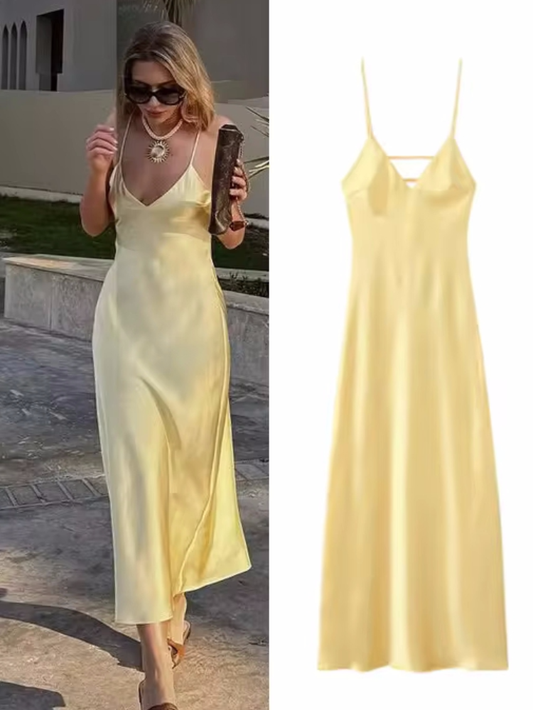 Robe élégante en Satin jaune, col en V, bretelles Spaghetti, Sexy, ample, épaules dénudées, sans manches, nouvelle collection, robes de soirée, Club ﻿