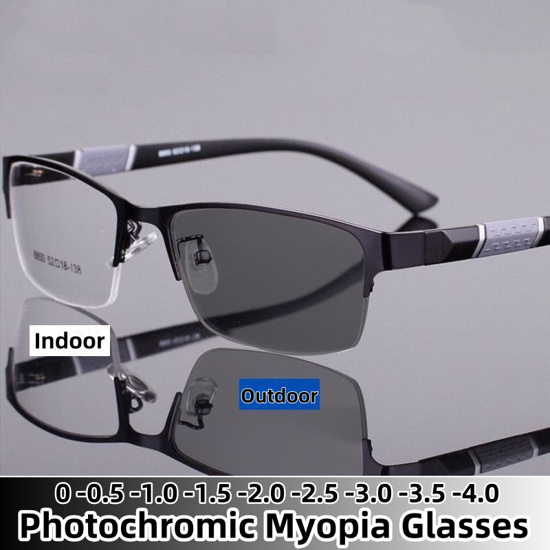 Lunettes de myopie photochromiques pour hommes, demi-monture d'affaires vintage, lunettes de vue moins, extérieur, document proxy, lunettes de soleil 0-1.0 à-4.0