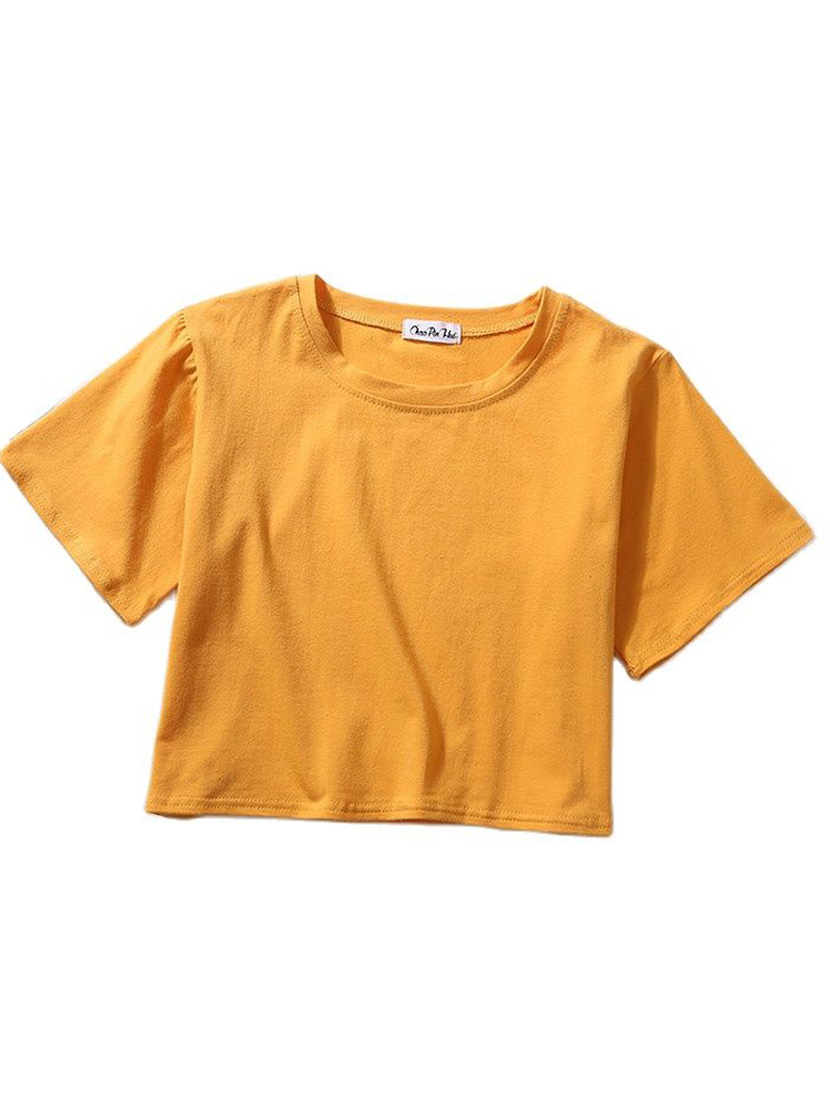 Été à manches courtes t-shirts femmes solide T-shirt col rond taille haute haut court T-shirt femme décontracté ample T-shirt