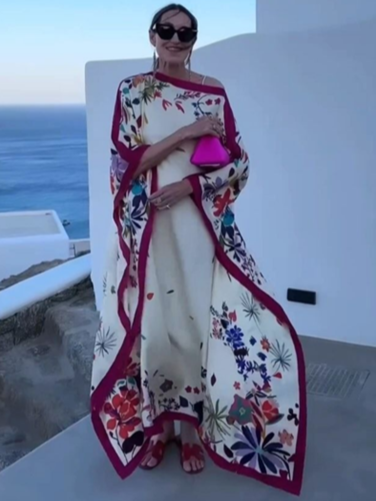 Robes longues imprimées élégantes pour femmes, style bohème, col rond, manches chauve-souris, kaftan musulman, robes amples pour femme, été automne 2026