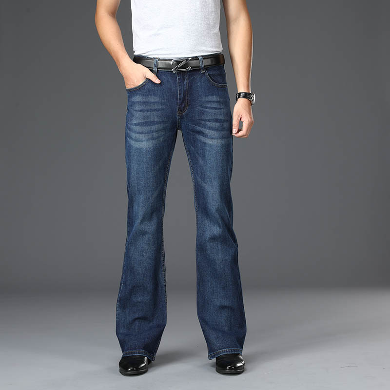 Jeans pour hommes, coupe évasée, coupe bootcut, jeans en denim classique de créateur, taille haute, extensibles, amples, bleus
