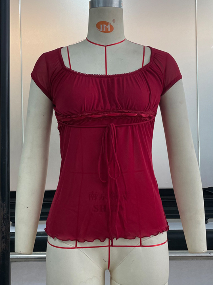 T-shirt en dentelle pour femmes, épaules dénudées, avec cordon de serrage, mode coréenne, fée Grunge, Streetwear, années 2000