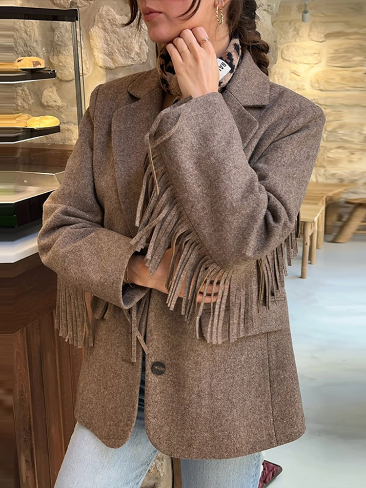 Femmes élégantes Blazer manteau col rabattu manches longues gland solide épais chaud veste femme 2026 printemps bureau dame vêtements d'extérieur