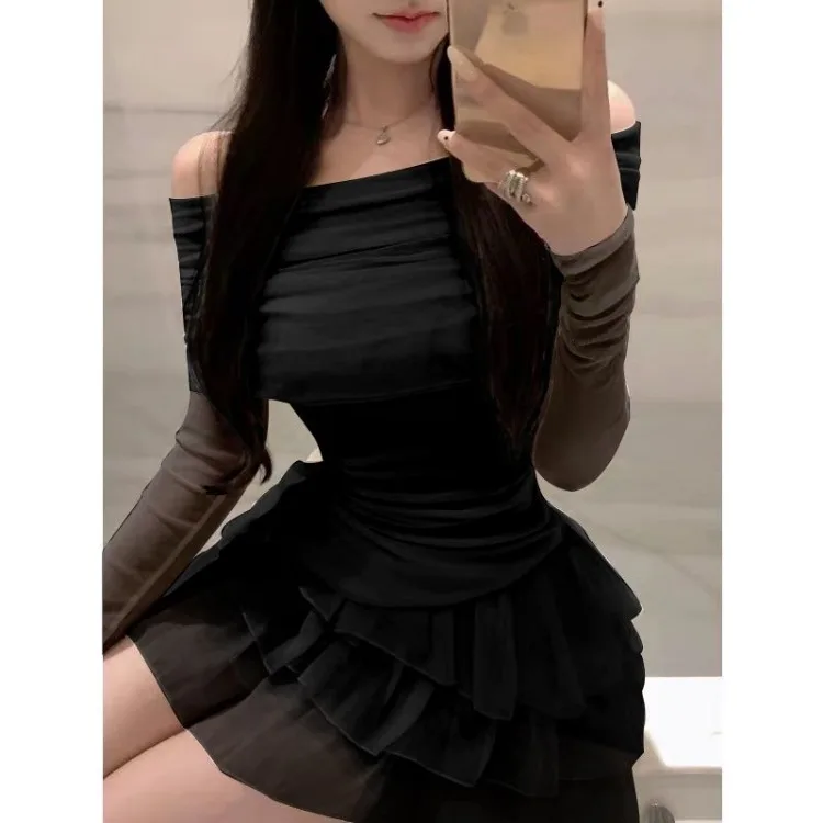 Ensemble deux pièces hauts et jupes pour femmes, col Slash, couleur unie, plissé, Slim, irrégulier, mode Chic, robe de bal superposée, jupes
