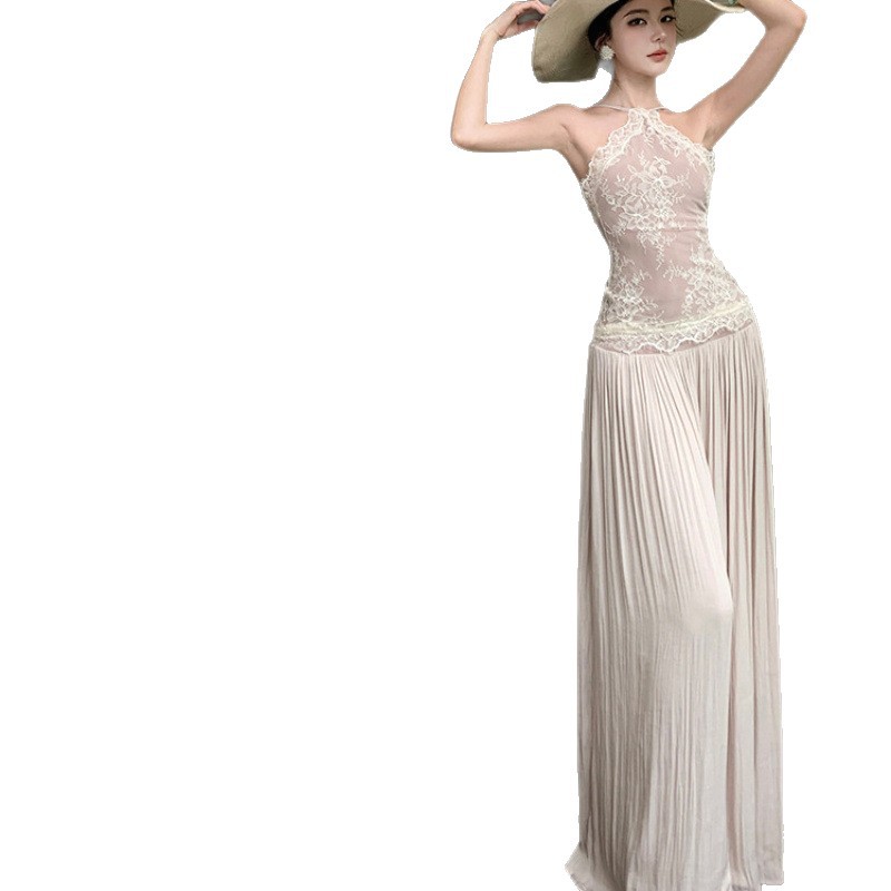 Robe longue en dentelle Patchwork Beige pour femmes françaises, Sexy, sans manches, épaules dénudées, col licou, élégante, vacances, soirée, été