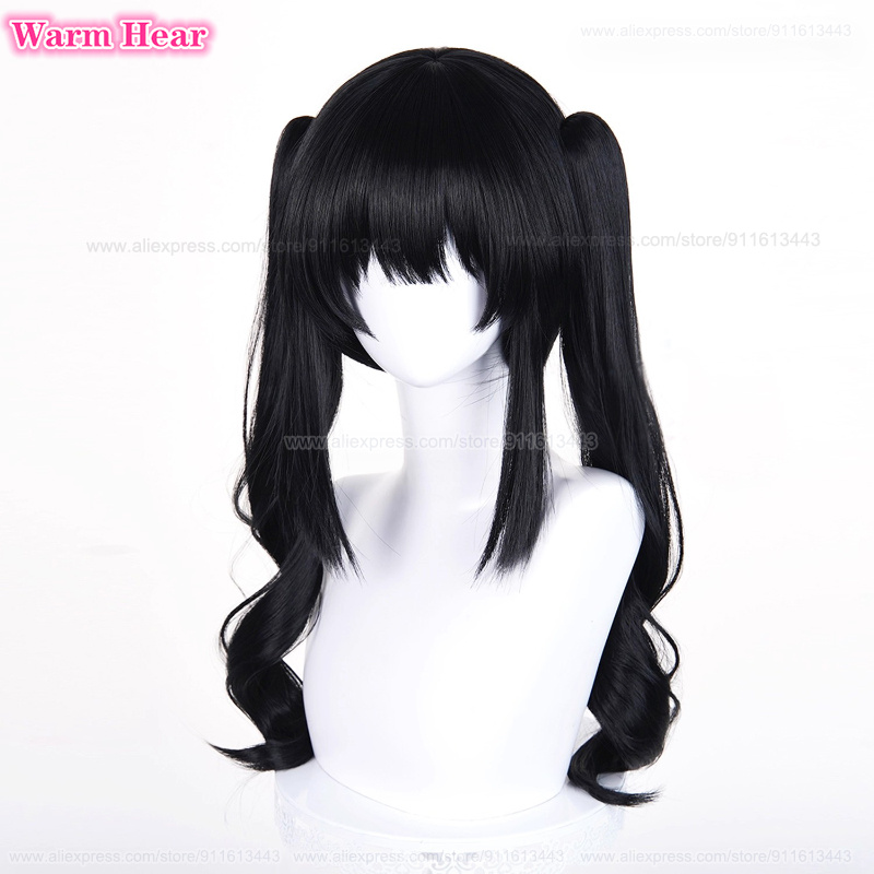 Jeu Kurobe Nanoka longue 50 cm noir Double queue de cheval cheveux bouclés Cosplay perruque résistant à la chaleur cheveux synthétiques Halloween fête perruques