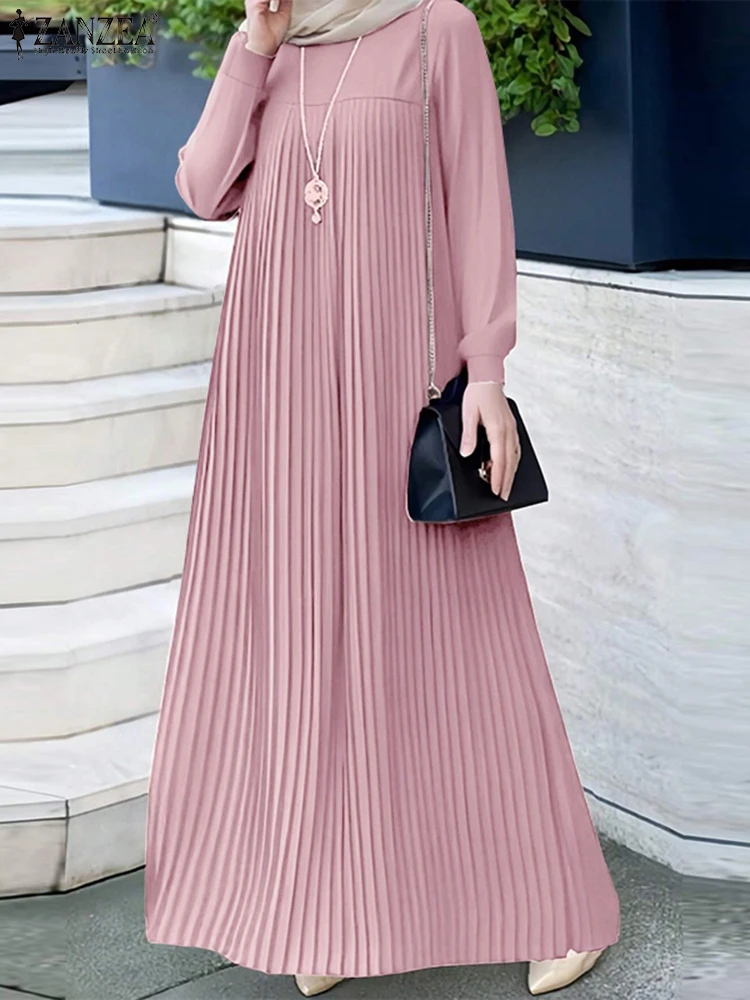 2025 ZANZEA musulman Abaya Hijab Robe femmes élégant à manches longues plissé Robe d'été dubaï Maxi Robe mode décontracté islamique vêtements