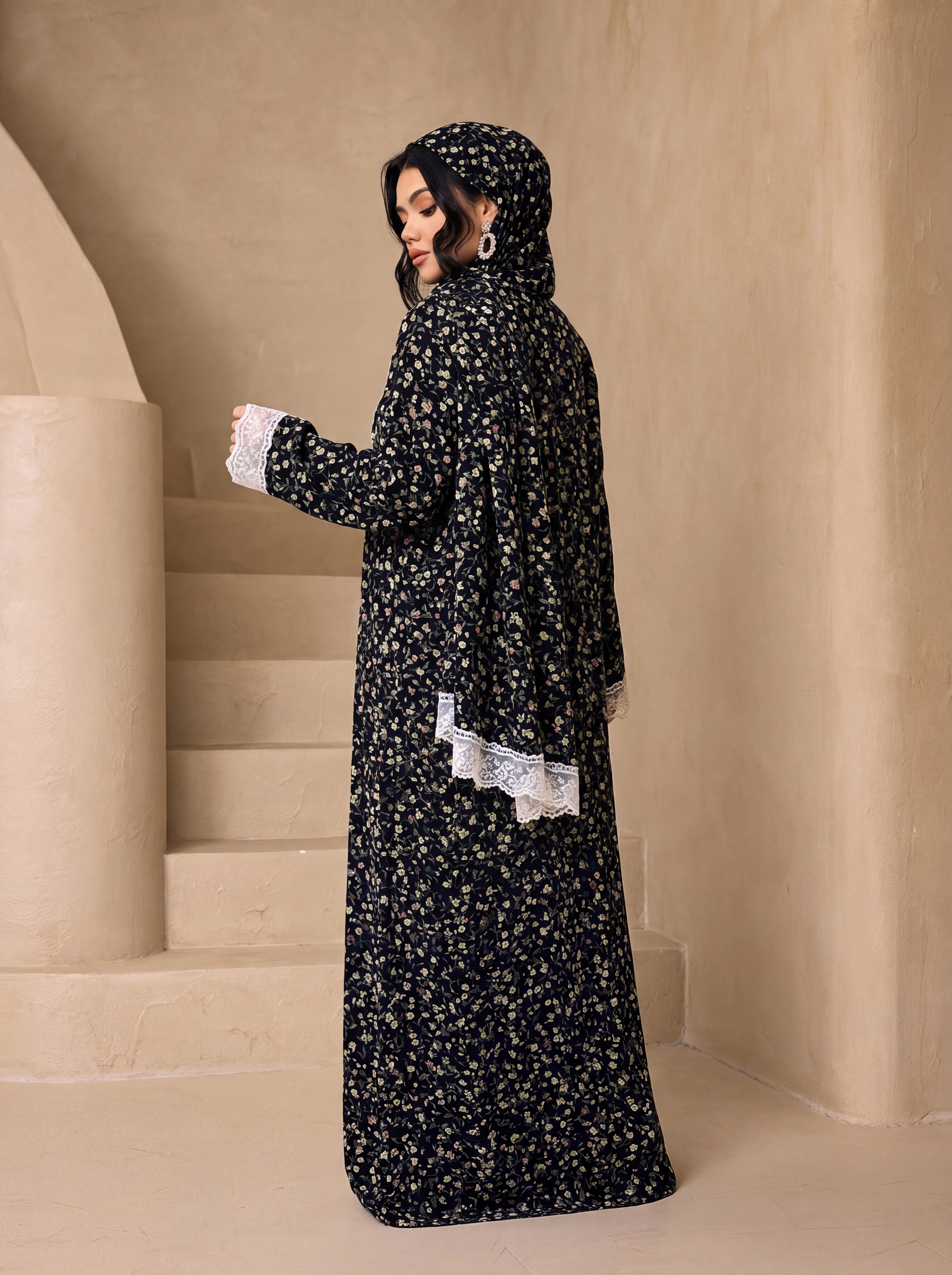 Abaya vintage à imprimé floral, ensemble de 3 pièces avec hijab assorti, robe maxi modeste à manches en dentelle blanche, tenue de fête pour femmes musulmanes