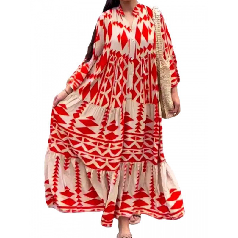 Robe longue plissée à manches longues pour femmes, imprimé Boho, mode dames, Vintage, Boho, plage, Maxi, été, 2024