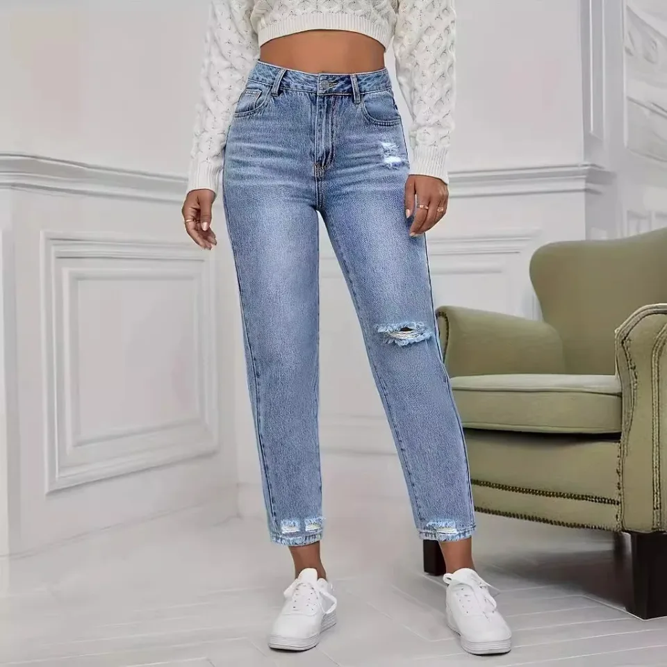 Jean décontracté déchiré et délavé pour femme – Nouvelle collection printemps-été – Coupe droite longueur cheville