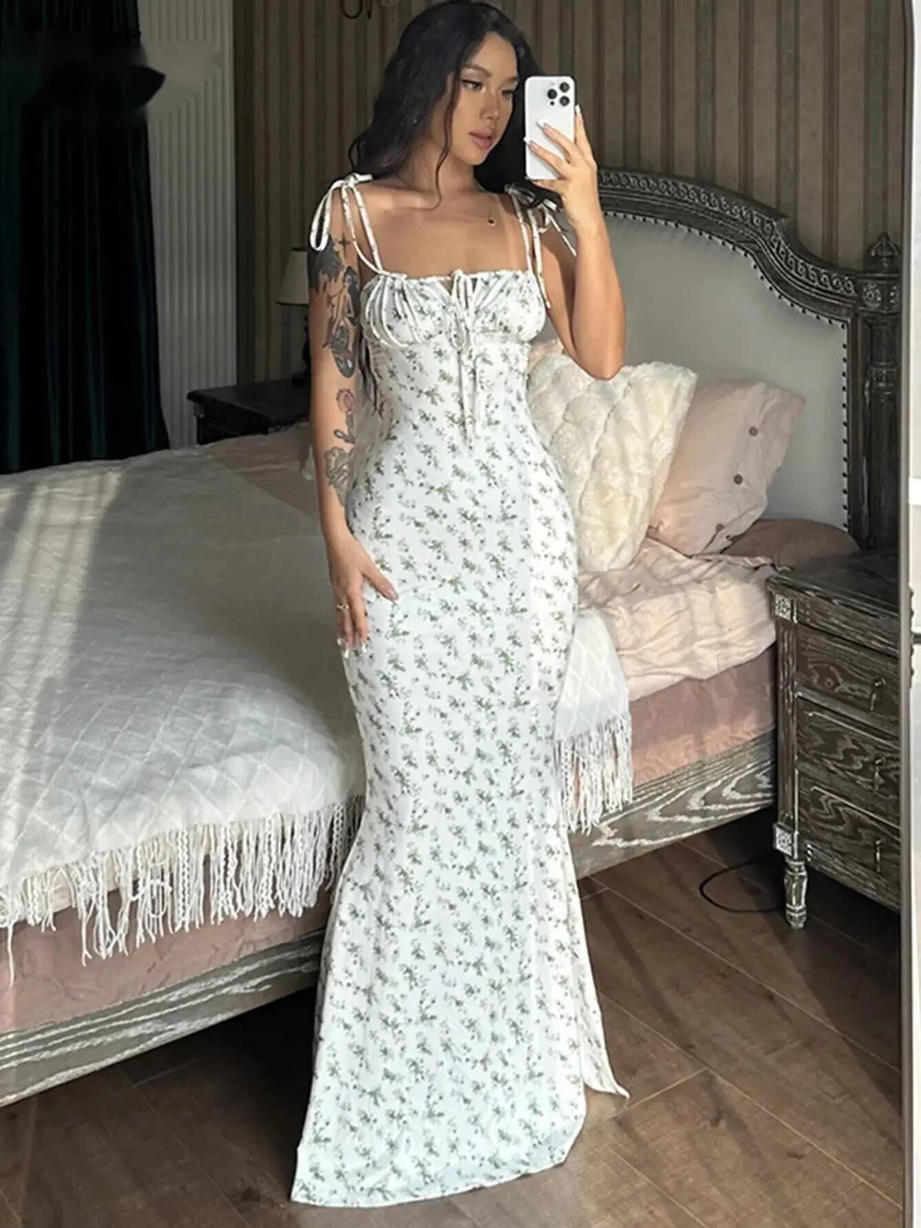 Robe longue drapée sexy à imprimé floral vintage, élégante, avec lacets, tenue de plage, sans manches, à bretelles, pour femme, pour soirée et club, Vestido