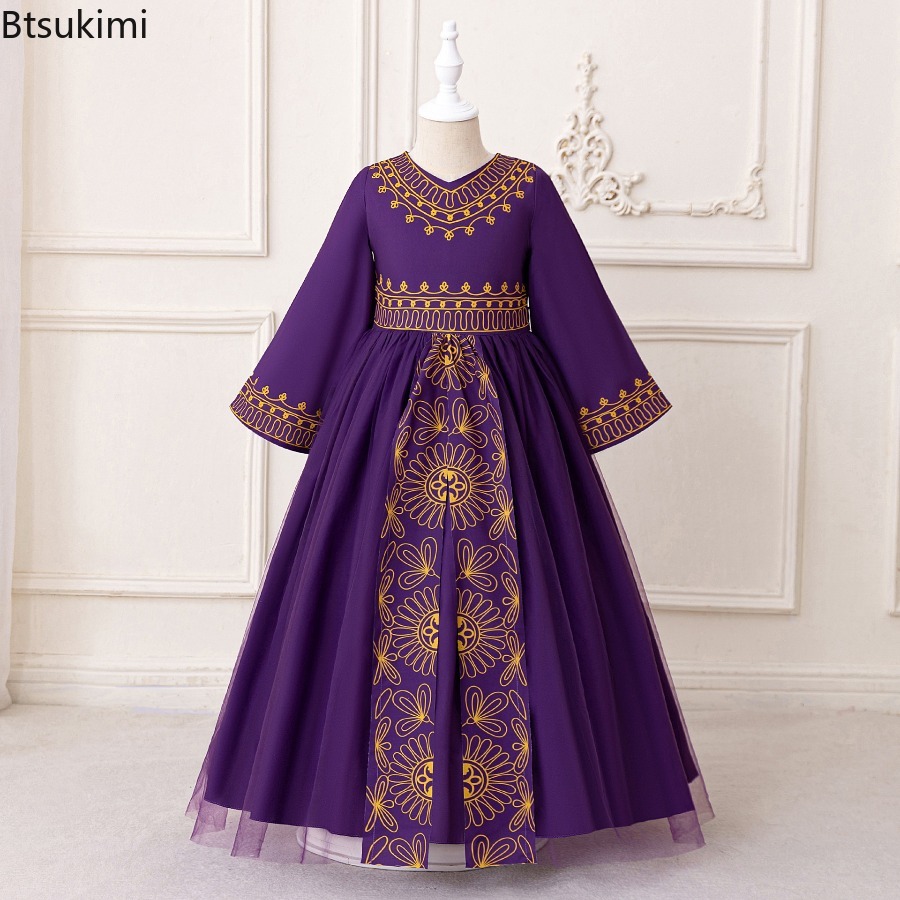 Robes pour filles de Dubaï du Moyen-Orient, mode musulmane, broderie Abayas, dentelle arabe, paillettes, manches longues, robes pour enfants, robes du Ramadan