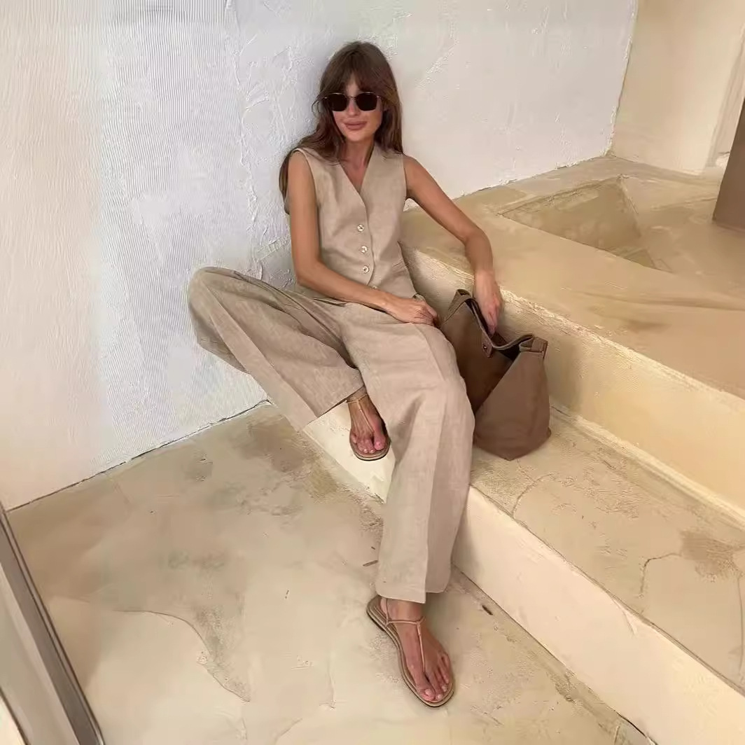 Nouvel ensemble chic deux pièces en lin et coton pour femme : gilet et pantalon – Tenue d'été élégante pour le bureau