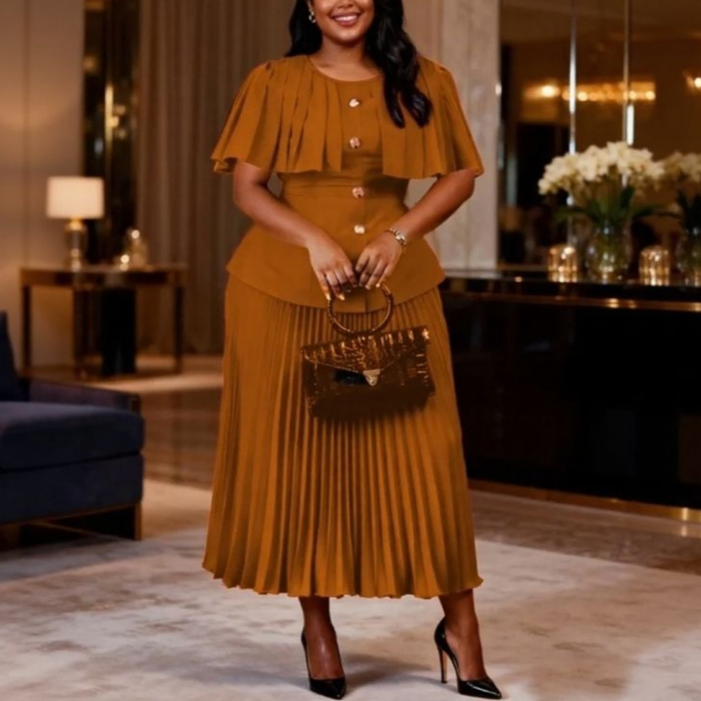 Ensemble deux pièces élégant pour femmes, style cape à col rond et boutons, hauts et jupe plissée taille haute, pour les occasions de fête, les événements professionnels et les occasions spéciales