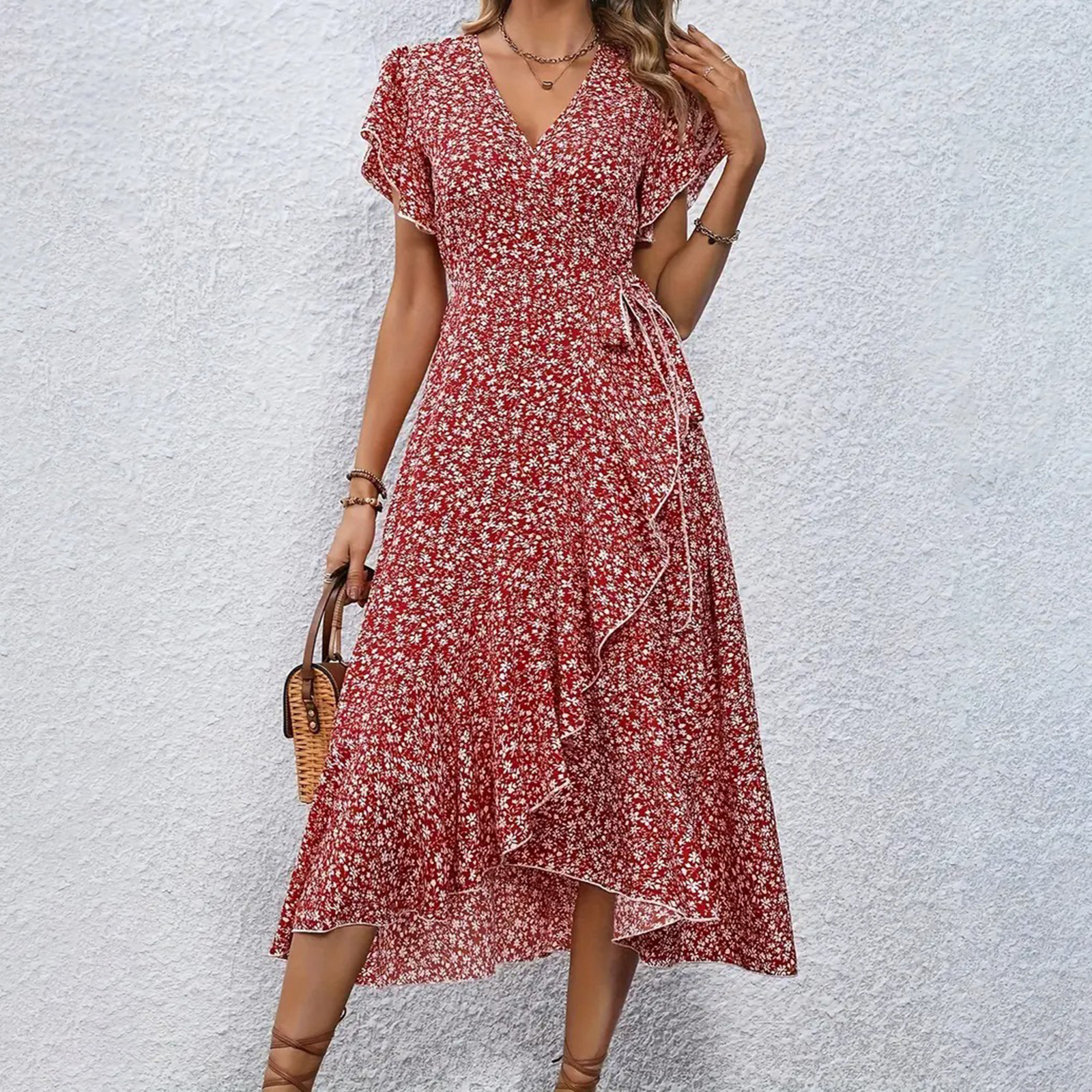 Robe d'été à lacets pour femmes, imprimé floral, à volants, élégante, manches courtes, col en V, cravate latérale, robe mi-longue, Style plage
