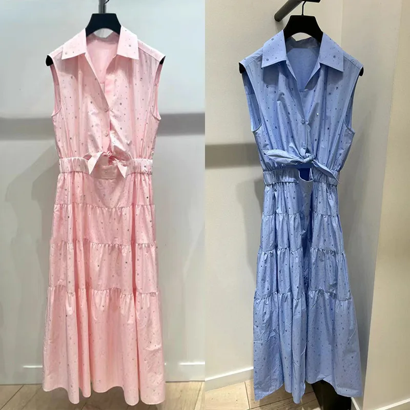 Robe sans manches rose pour femme, col rabattu, ceinture à nouer, strass éclatants, robe patchwork pour femme