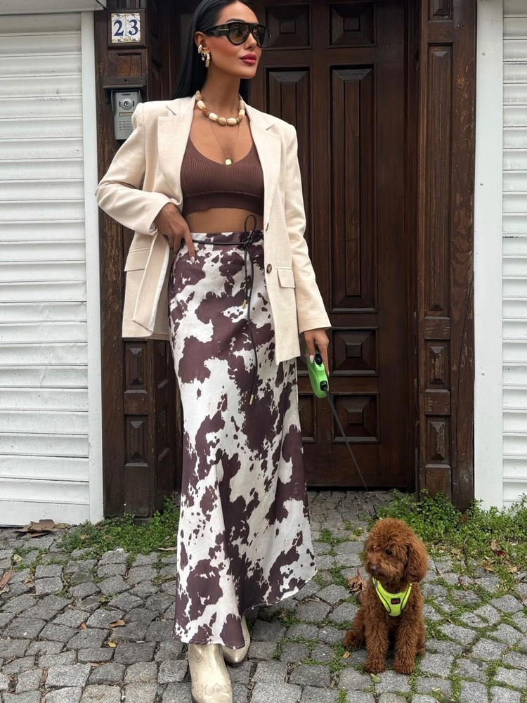 Jupe en Satin imprimé Animal pour femmes, jupe mi-longue à volants avec ceinture, jupe décontractée pour femmes, jupes longues élégantes de rue, 2025