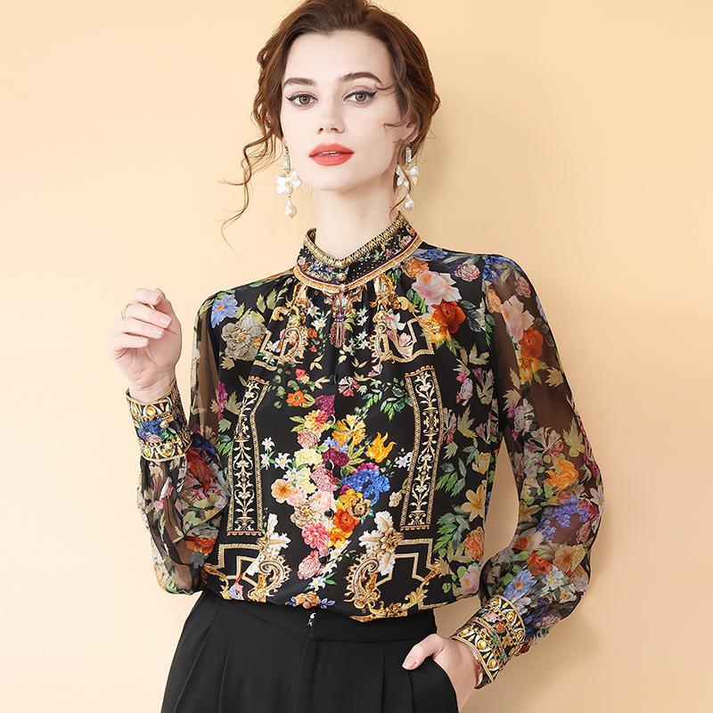 Chemise à manches longues à col montant pour femme, pull élégant, haut polyvalent, imprimé rétro, simulé, nouveau style, printemps 2025