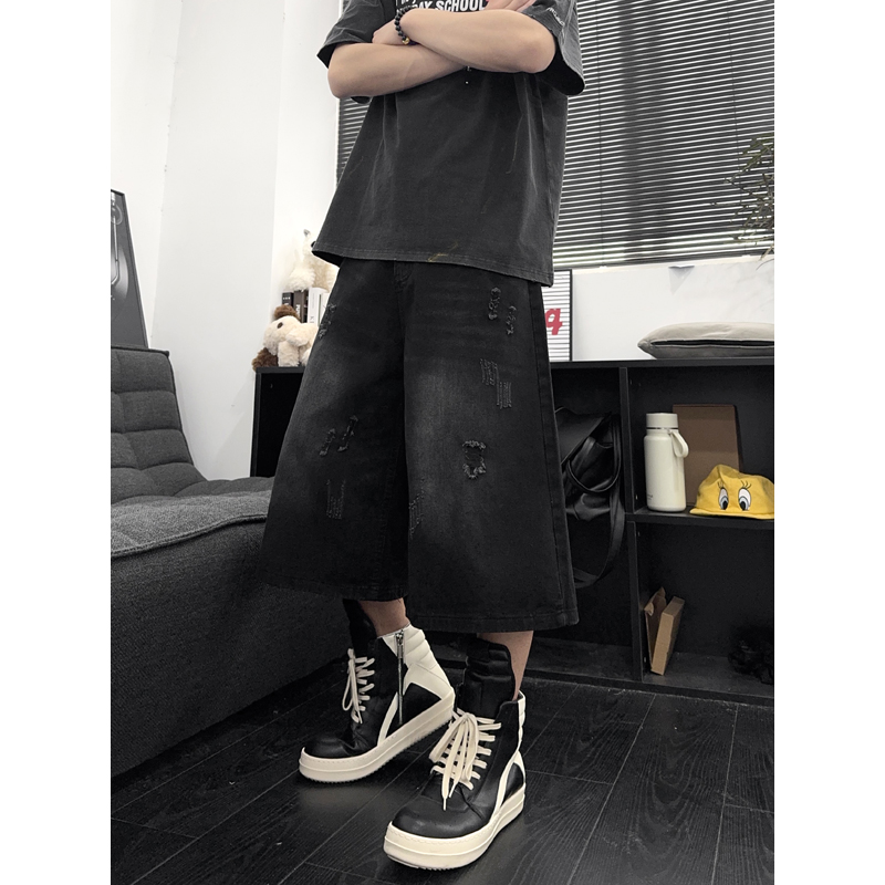 Shorts en jean déchirés et usés unisexe style streetwear américain décontracté coupe droite ample sept-quarts pour l'été