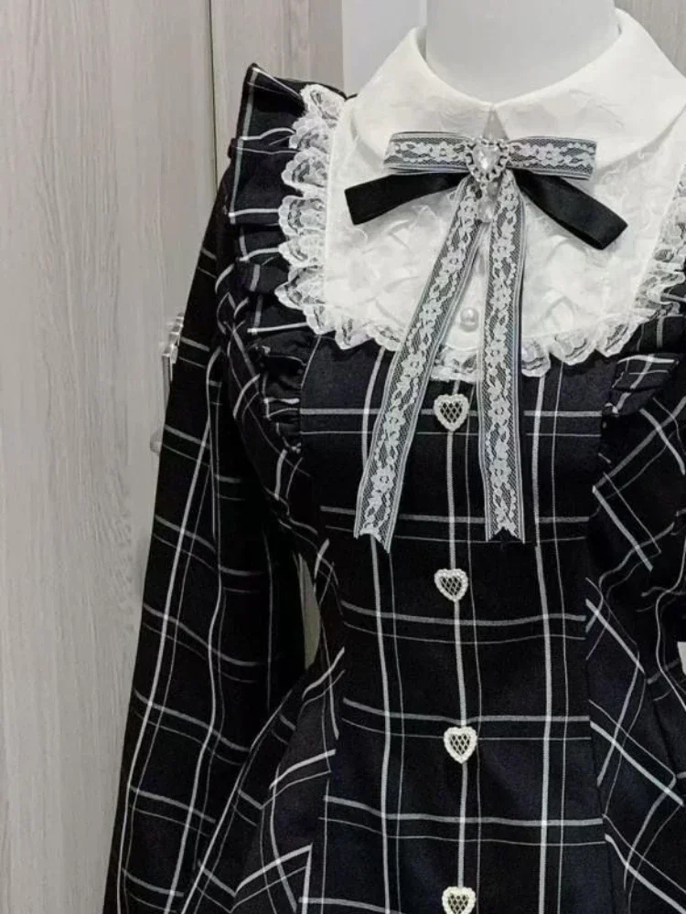 Robe à carreaux en dentelle douce pour femmes, fée japonaise, Patchwork, Kawaii Grunge, à volants, manches longues, Y2k, esthétique JK Lolita