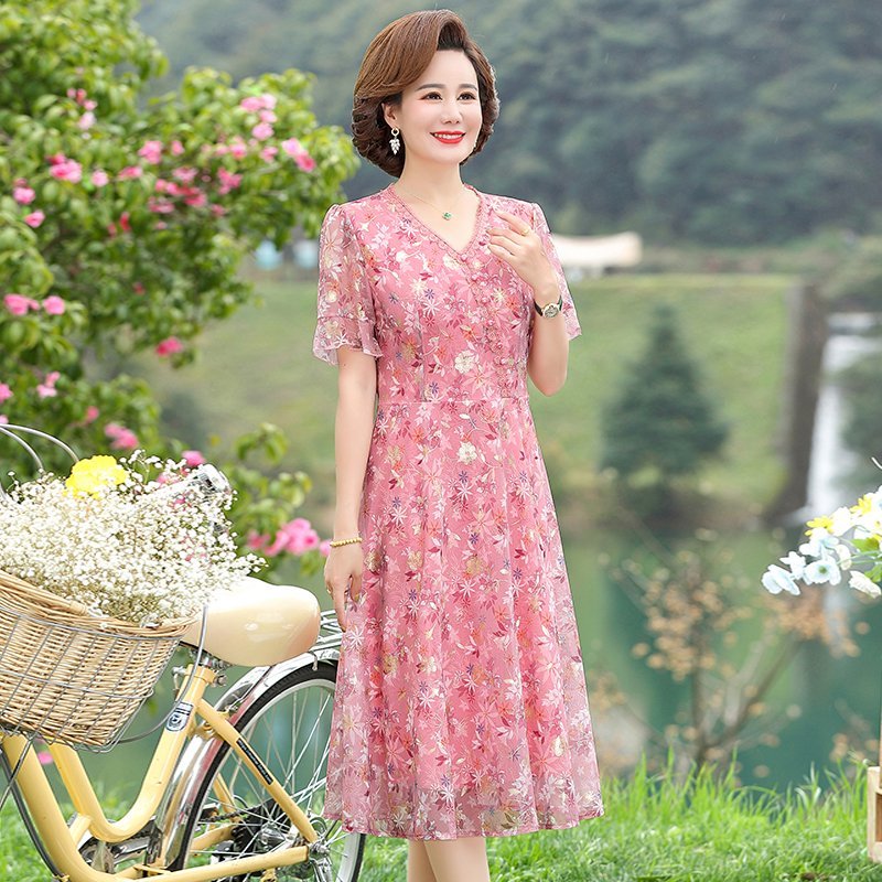 Robe imprimée plissée à manches courtes pour femmes d'âge moyen, robe vintage décontractée pour dames, col en V, robe éducative, été