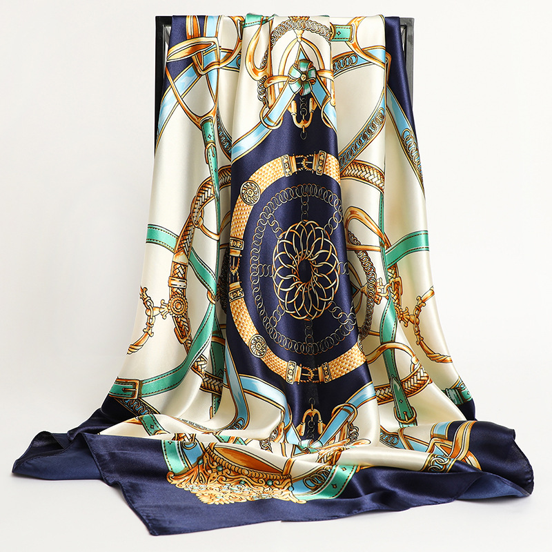 Foulard en Soie Imprimé 90x90cm, Grand Carré en Satin, Châle de Luxe pour Femme, Marque de Créateur, Hijab, Bandeau