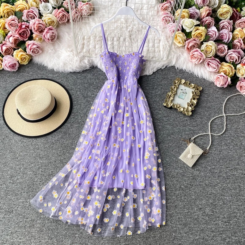 Robes à imprimé floral pour femmes, robe en maille de dentelle, robe à bretelles spaghetti, soirée de fête, coréen Kawaii, éducatif, été, sexy