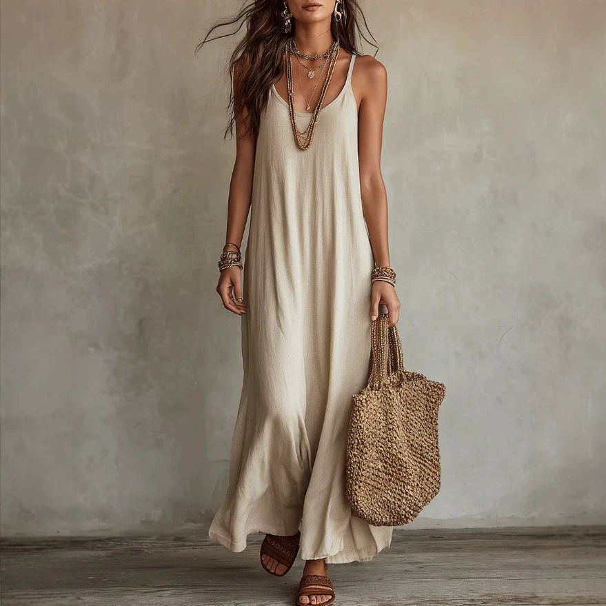 Robes Camisole Dos Nu pour Femme, Robe Bohème d'Été à Bretelles Fines, Robe Longue Décontractée, Robe de Plage pour les Vacances