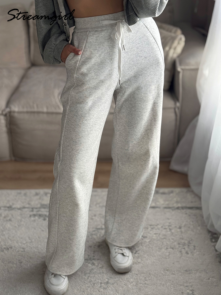 Pantalon de jogging gris pour femme, taille haute, coupe droite, jambe large, noir, automne, long, sport