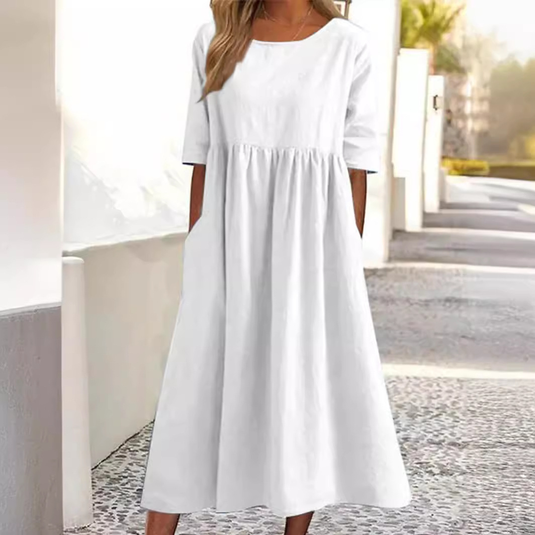 Robes pour femmes 2026 : Nouvelle robe décontractée en coton et lin à manches courtes, plissée, ample, col rond, avec poches – Vêtements féminins