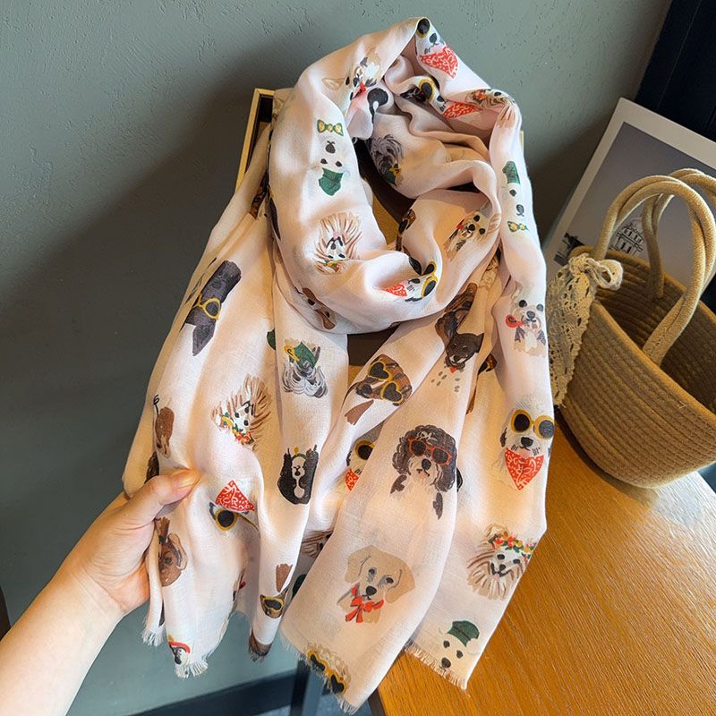 Écharpe élégante imprimée chien avec lunettes à la mode, en coton Viscose léger, respirante et coupe-vent pour les voyages printemps/automne
