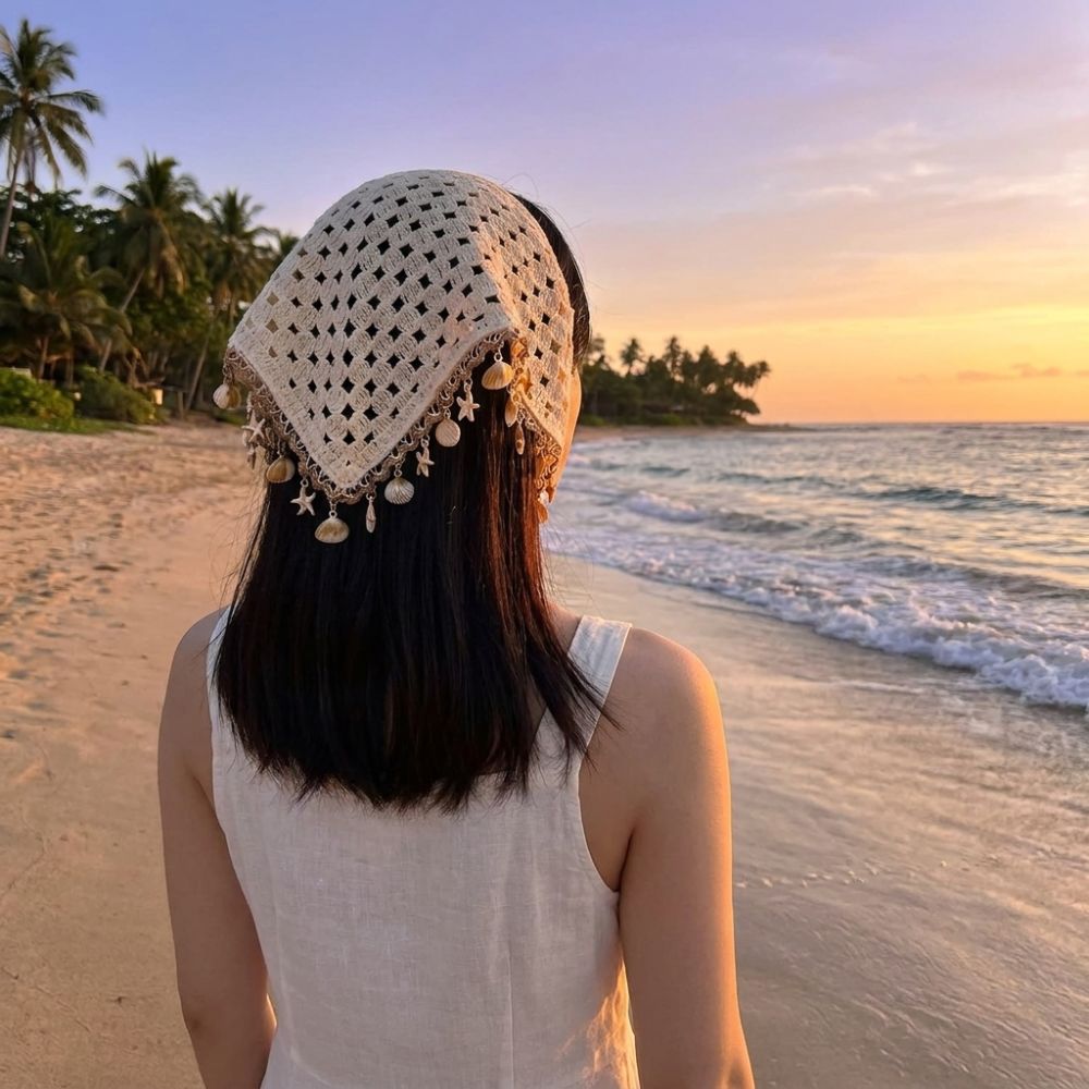 Foulard de tête bohème ajouré au crochet, à bords frangés, bandana triangulaire orné de paillettes, foulard de plage à paillettes coquillages