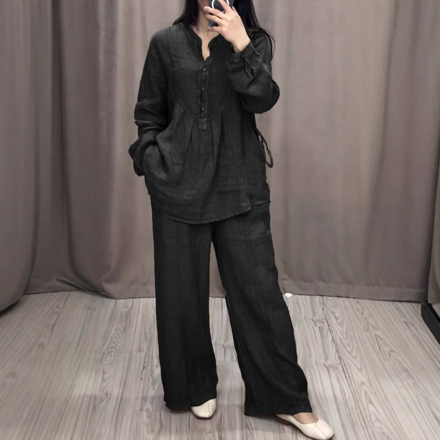 Ensemble 2 pièces musulman pour femmes, chemisier, haut, pantalon à jambes larges, bouton à lacets, tenues islamiques de dubaï, pantalon droit, Ensemble 2025