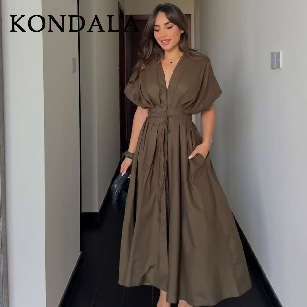 Robe Vintage Femme KONDALA Printemps-Été 2026 – Chic, Marron, Col V, Sans Manches, Drapée, Boutonnage Simple avec Ceinture