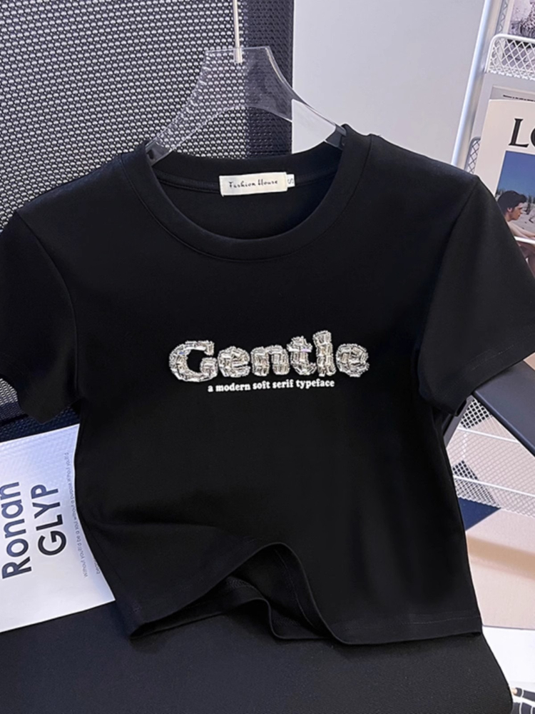 T-Shirt à manches courtes pour femmes, haut en coton, broderie lourde, taille cintrée, épaule plissée sur le côté, Slim Fit, nouveau chemisier d'été