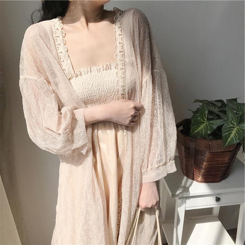 Chemise Kimono longue en dentelle pour femmes, style Boho, ajouré, manches longues, Beige, blanc, Cardigan ouvert sur le devant, veste de plage au Crochet, été
