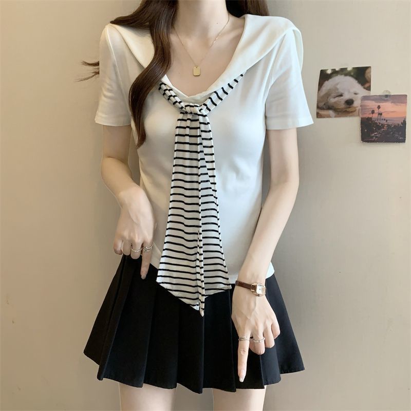 T-shirt à manches courtes pour femmes, grande taille, style décontracté, ample et fin, à rayures, col marin, nouvelle collection été
