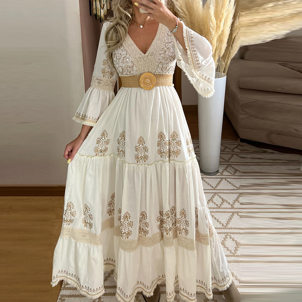 Robe décontractée élégante pour femme en dentelle et maille, col rond, manches longues évasées, style vintage bohème, robe longue de vacances, Vestidos