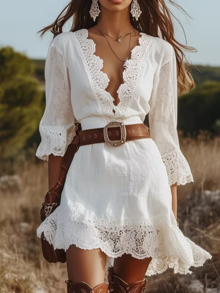 Robe Bohème en Dentelle pour Femme, Col en V Profond, Manches Évasées, Ourlet à Volants, Mini-Robe Vintage pour Concert, Festival, Plage, Soirée Décontractée
