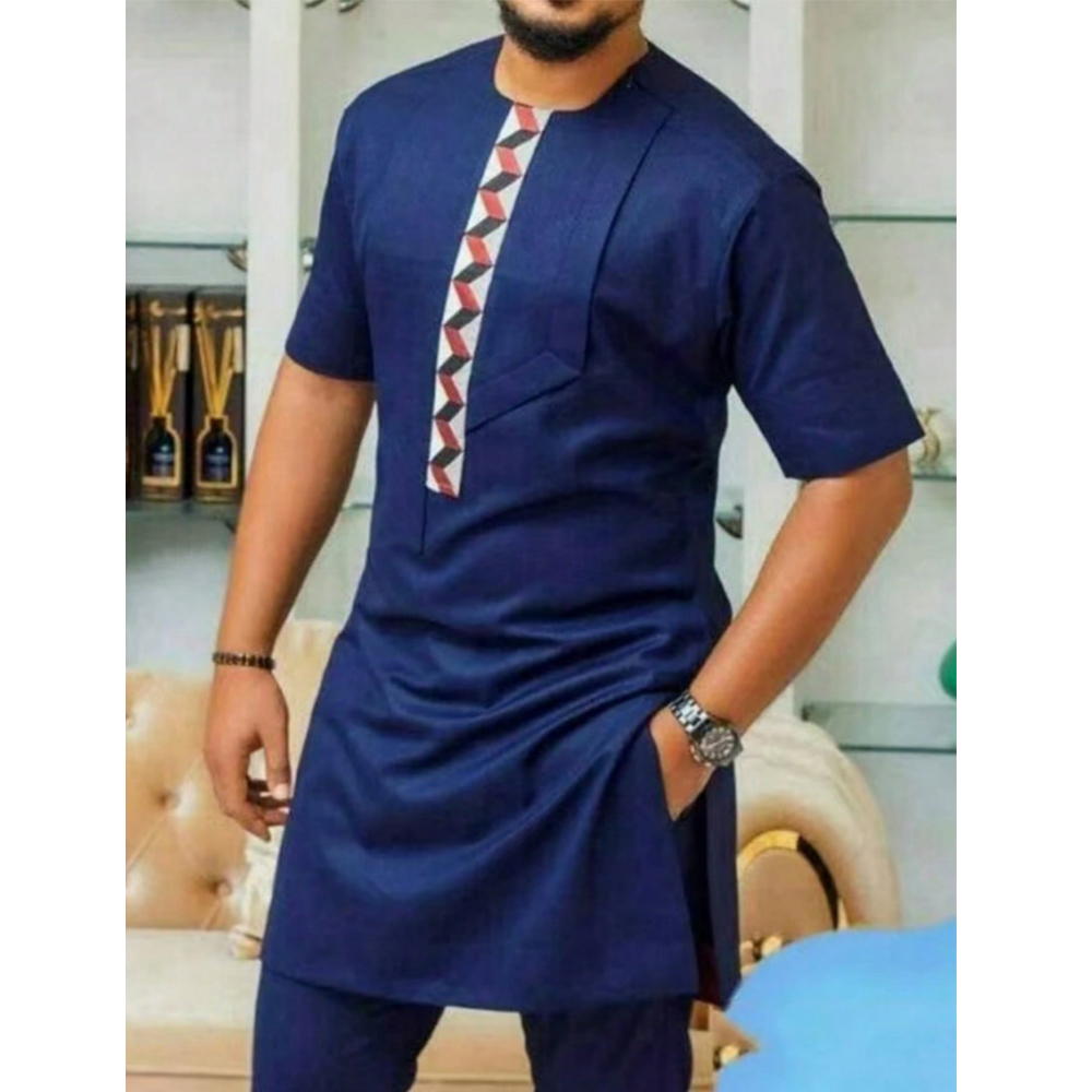Kaftan d'été pour hommes, olympiques à manches courtes, haut et pantalon solides, mariage ethnique africain, tenue décontractée Dashiki, ensembles de mode pour hommes, 2 pièces