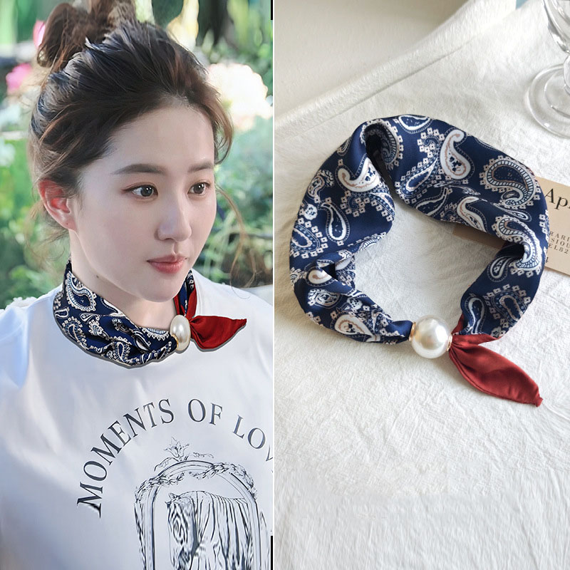 Foulard carré en soie de luxe pour femmes, mouchoir imprimé, collier de perles, boucle magnétique, enveloppes de cou, foulards croisés, Triangle