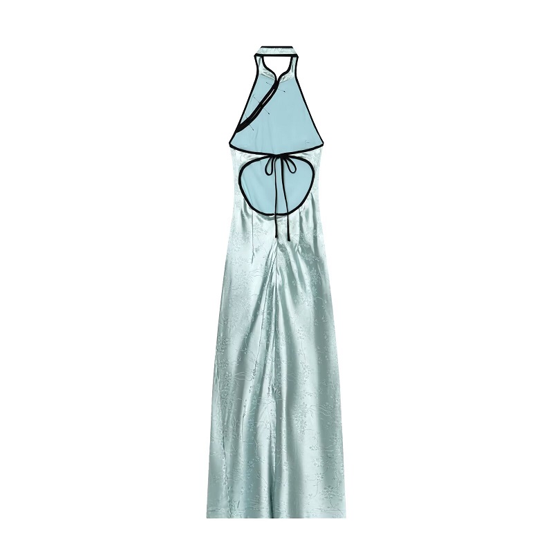 Robe longue jacquard dos nu pour femme, style halter, avec nœud chinois, idéale pour les soirées d'été
