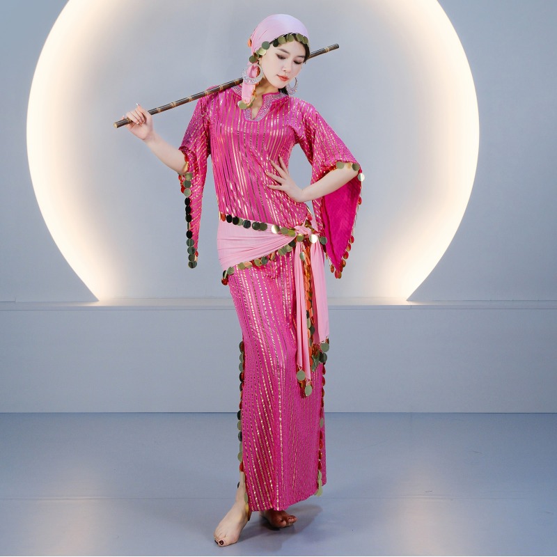 Tenue de danse orientale personnalisée, robe égyptienne, costume de danse folklorique Saidi avec cannes en rotin, broderie de sequins et rayures, pour femme 5096