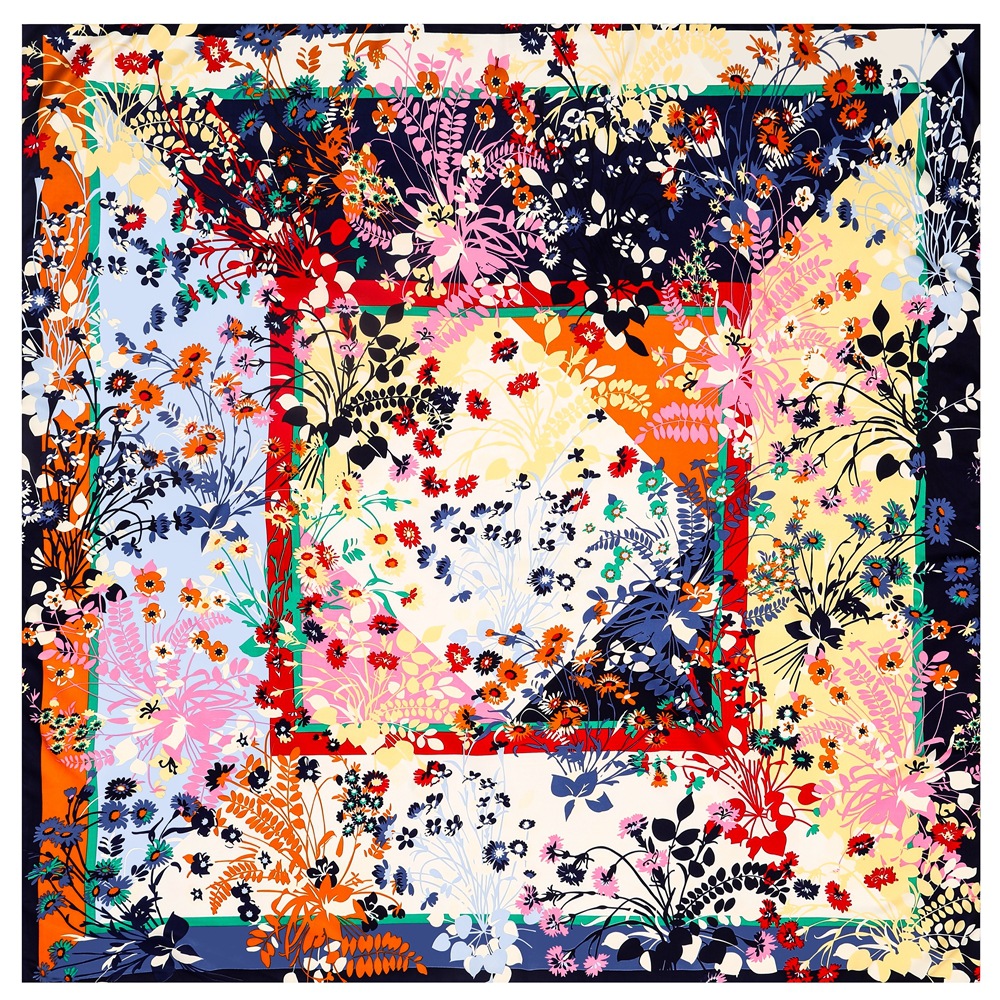 Foulard en soie pour femme, grand châle français, nouveau motif floral et végétal, bandana carré de luxe, hijab, foulard féminin 130CM