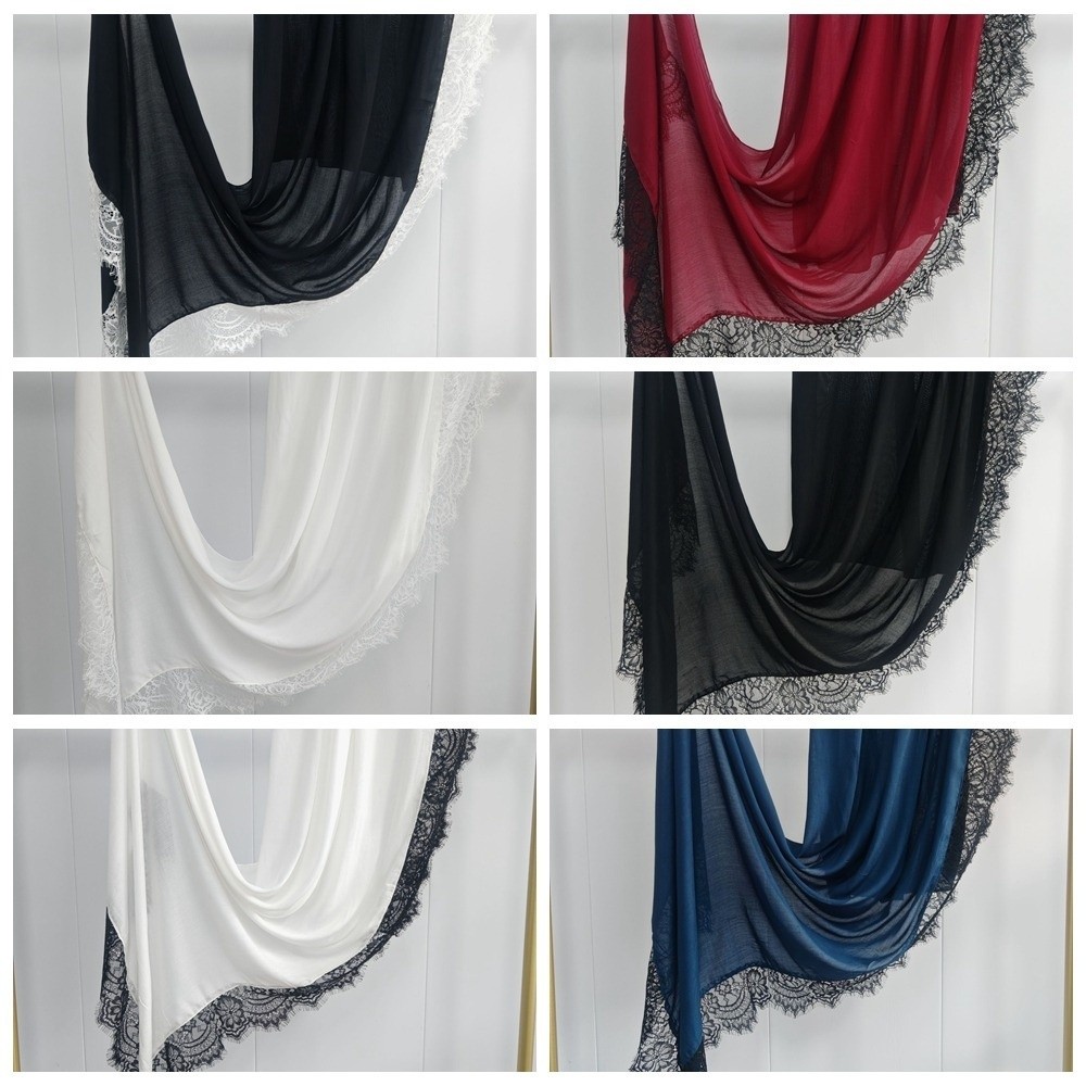Foulard de mode en coton avec bordure en dentelle, protection solaire, hijab long, couleur unie, châle fin et large, accessoire de cou