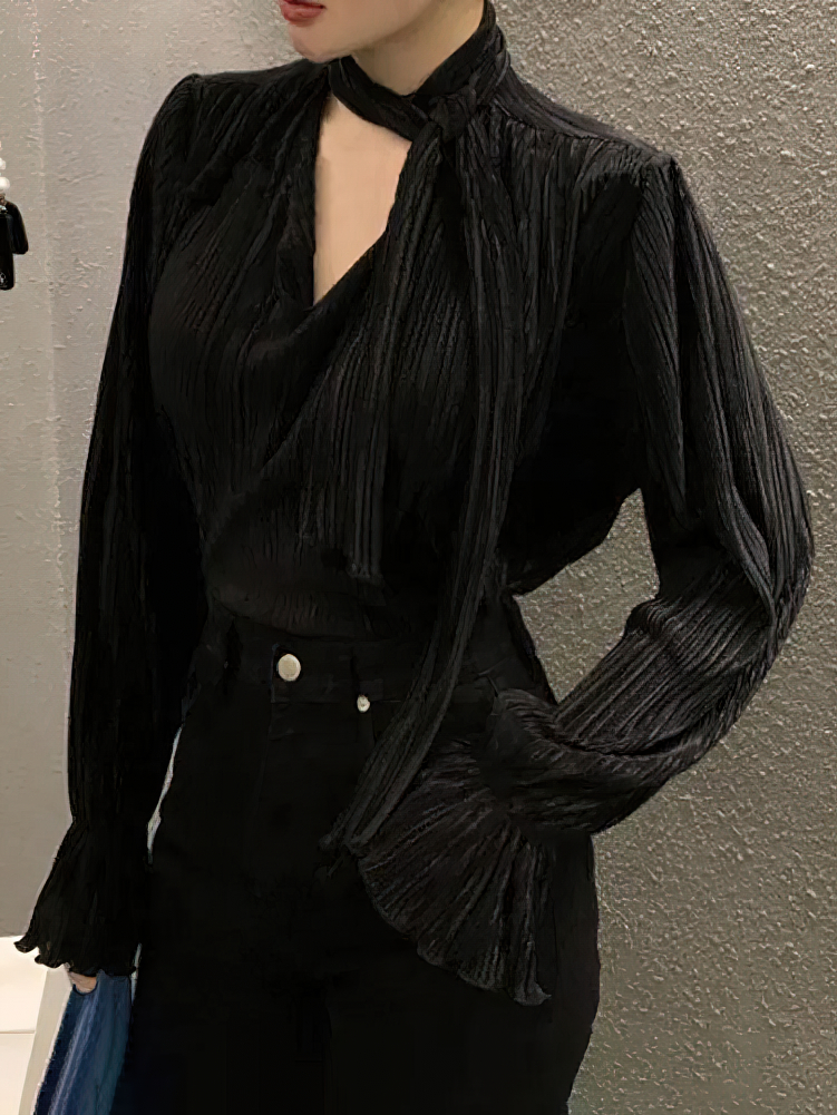Chemisier plissé à manches longues pour femme, haut basique à col en V à volants, élégant, décontracté, surdimensionné, vêtements de bureau pour femme, cravates de luxe, coréen, chic