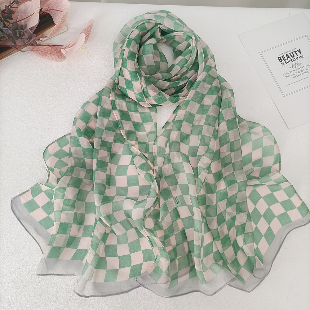 Foulard à carreaux pour femmes, élégant, en mousseline de soie, Georgette, Bandana, été, plage, voyage, Protection solaire, Hijab fin