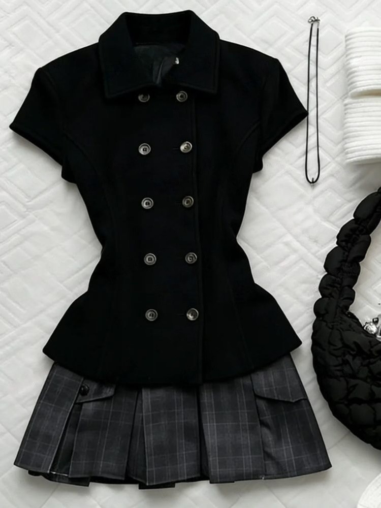 Blazer rétro coréen élégant pour femme, style preppy, à double boutonnage, manches courtes, idéal pour les fêtes, les vacances, le quotidien et le streetwear décontracté